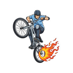 Naklejka premium bmx rider performing stunt with flame wheel illustration
