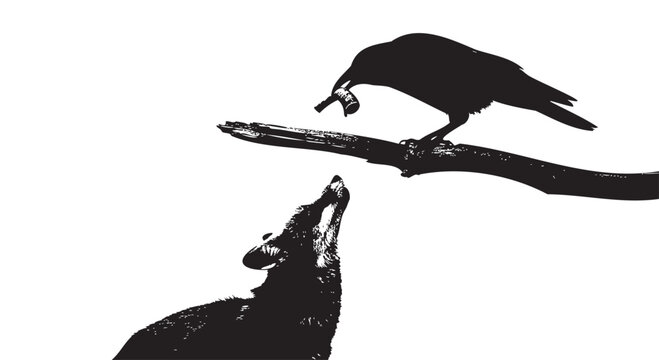 Black silhouette wolf howling, raven on branch, animal icons, wildlife symbols, vector graphics