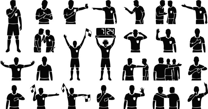 Collection of black silhouettes of soccer players in various celebratory poses and actions on white background.