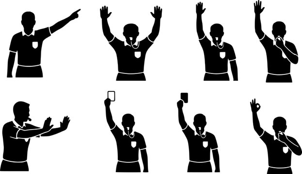 Collection of referee gestures and signals in black silhouette, illustrating various actions and decisions in sports, referees, umpires, officials, gestures, signals, sports, refereeing, decision