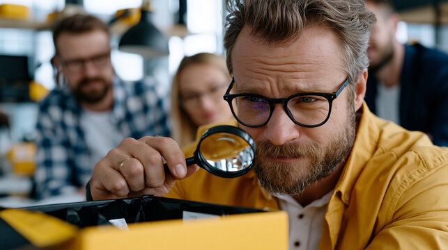 Brand manager carefully unboxing the first production sample of a new consumer product in a sunlit product development lab, inspecting seams and label alignment with a magnifying loupe, team members
