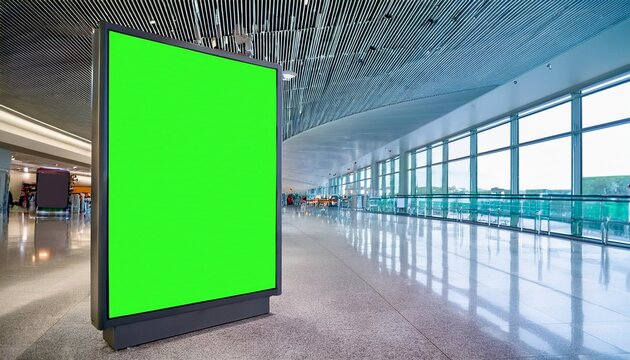 empty digital billboard with a vertical green screen for mockup advertising in a modern airport terminal or shopping mall