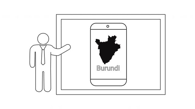 Presentation of Burundi map on smartphone screen by a person icon.