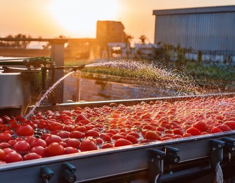 freshly harvested tomatoes being washed on a conveyor belt in a processing plant at sunrise with water spraying down