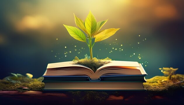 growth of knowledge a plant emerging from books symbolizing education and learning in nature