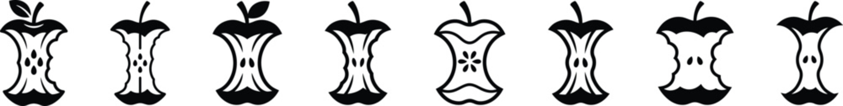 Set of black apple core icons showing fruit remains and seeds in a simple flat style