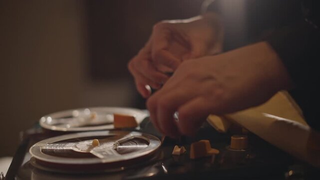 Adjusting controls for optimal sound. Closeup of hand threading tape onto old machine with care. Technician carefully adjusts knobs while threading tape onto vintage deck in soft lighting
