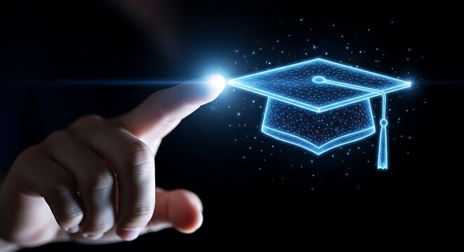 Human finger pointing at a glowing blue digital graduation cap on a dark background, representing online education, and virtual learning systems