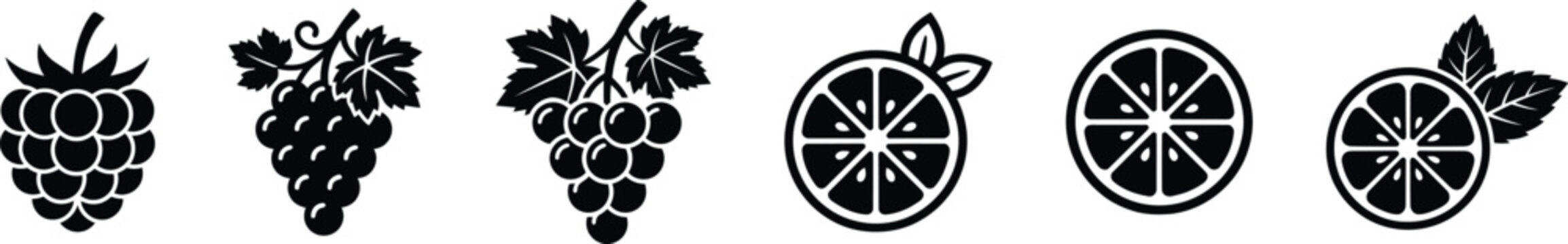 Set of black and white fruit icons featuring grapes raspberries and citrus slices