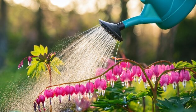 watering bleeding heart flowers in a garden during spring