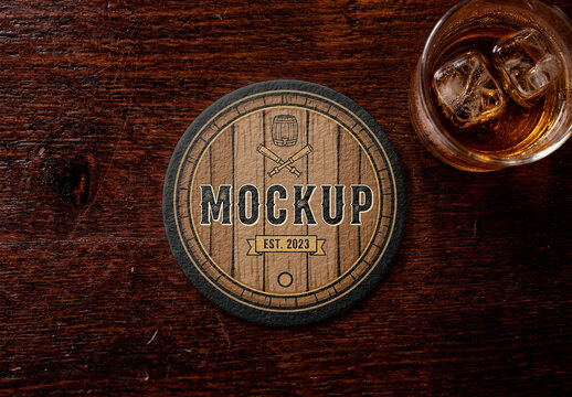 Paper Coaster Mockup On A Mahogany Bar Counter