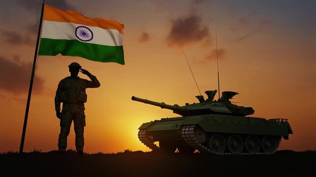Silhouette of Indian Soldier Saluting with Tank and Waving Flag Against Dramatic Sunset Sky, Symbolizing National Pride and Military Strength