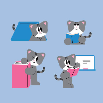 Cute cartoon grey cat character reading big books and using laptop computer set flat vector illustration online learning concept