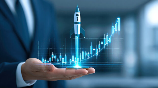 Rocket launch hologram over open hand with rising financial chart and glowing growth concept
