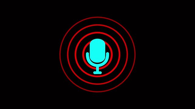 radio wave and voice recording podcast mic microphone button icon animation. Radio waves concept. Modern high antenna evolving signal waves Digital radio waves on a black background