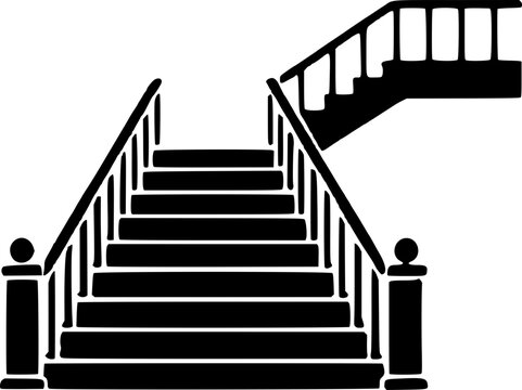 A black and white illustration of a staircase with railing and balusters on a plain background, depicting a simple interior design element.