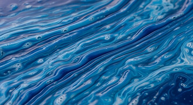 Paint swirls in vibrant shades of deep blue and white create a fluid dynamic motion across the surface.
