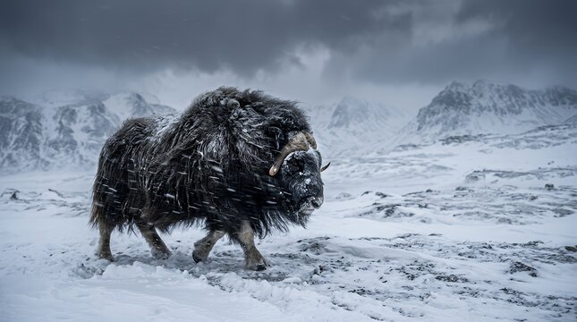 Majestic Muskox in Harsh Winter Blizzard, Snowy Arctic Mountain Landscape