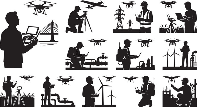 Drone Technology and Aerial Survey Silhouette Collection Featuring Inspection Mapping Agriculture and Monitoring Operations