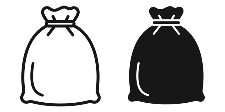 Two simple drawstring sacks one outlined white one solid black on white background
