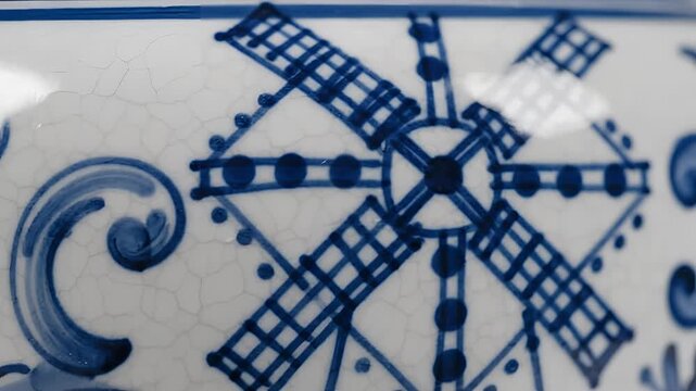 Closeup of Delft Blue ceramic windmill pattern detail.