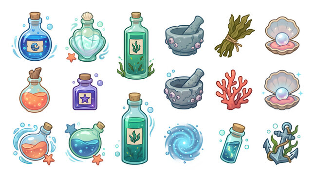 Ocean Potion Icons Set, Magical Sea Bottles, Underwater Alchemy Elements Vector Collection