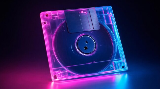 Neon Floppy Disk with Retro Cyberpunk Glow