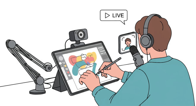 Digital illustration of an artist drawing on a tablet in a studio setup with audio equipment.