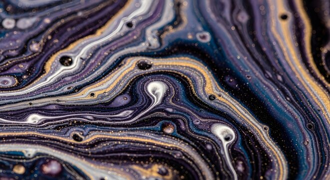 Acrylic paint swirls create a fluid marble effect with rich metallic colors and deep contrast that form an artistic abstract composition.