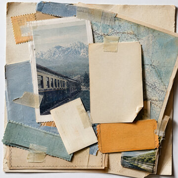 Vintage collage with train photo, maps, and paper scraps evoking travel nostalgia.