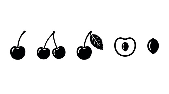 Cherries fruit icons with leaf and pit in various forms, perfect for illustrating healthy eating, natural ingredients, and fresh produce concepts.