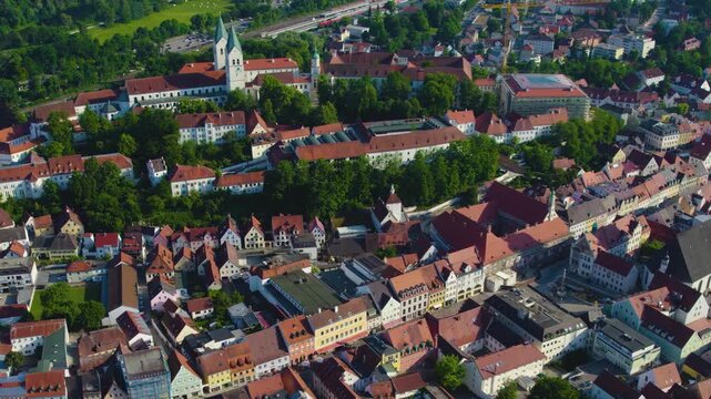 Aerial view of the old town and city Freising  in Germany, Bavaria on a sunny spring day