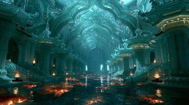 An underwater Dragon King palace inspired by Chinese mythology, with translucent jade architecture and glowing koi fish drifting through vast ceremonial halls beneath the sea