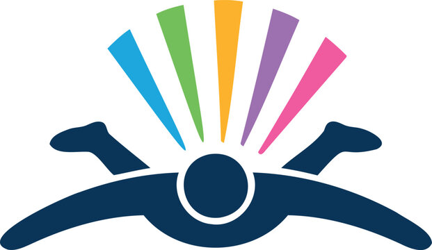 Abstract artistic representation of a skydiver with a colorful sunburst behind their head