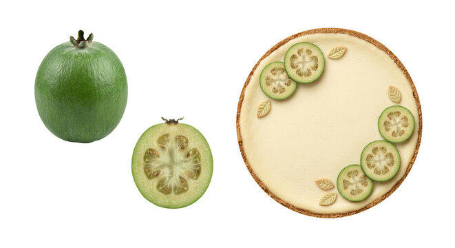 Delicious cheesecake decorated with green feijoa slices, next to which are whole and sliced ​​fruits, isolated on transparent background, top view.