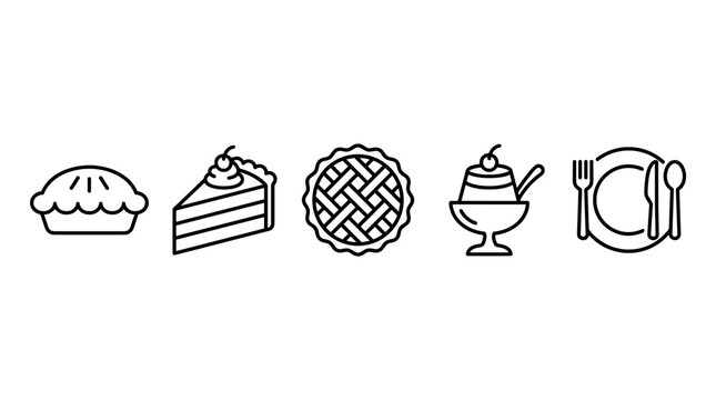 Dessert and dining outline icons collection showcasing various sweet treats such as pie, cake, pudding, and a complete meal setting.