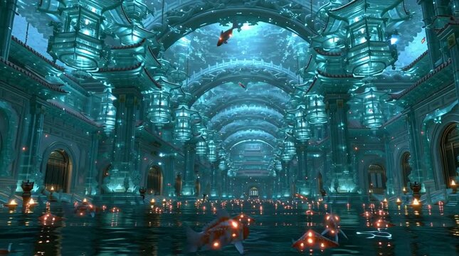 An underwater Dragon King palace inspired by Chinese mythology, with translucent jade architecture and glowing koi fish drifting through vast ceremonial halls beneath the sea