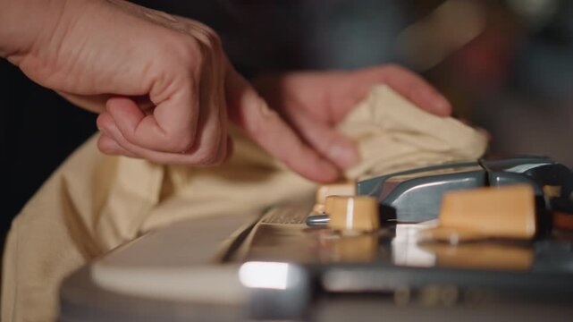 Closeup hands cleaning recorder knobs with cloth, conservator wipes beige rag across yellow controls under soft studio light, tender strokes remove dust during careful preservation routine.