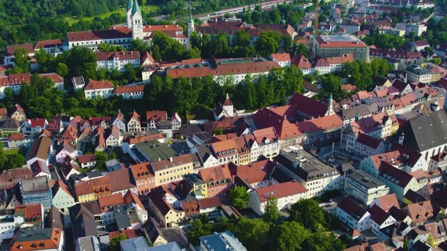 Aerial view of the old town and city Freising  in Germany, Bavaria on a sunny spring day
