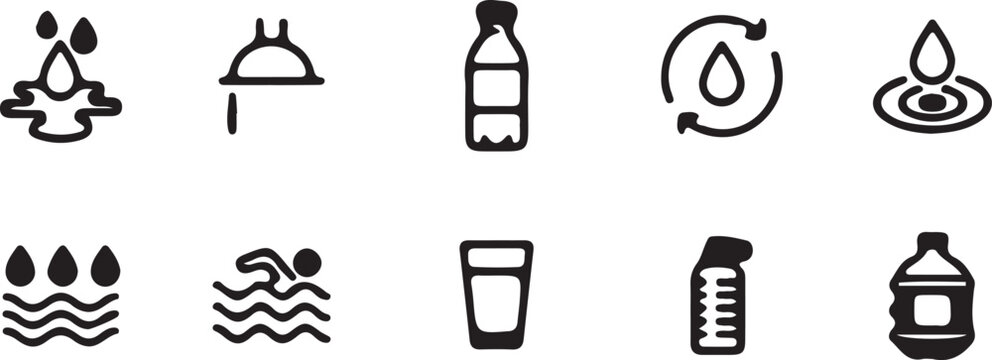 Hydration and water safety icons set black and white line art