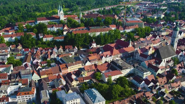Aerial view of the old town and city Freising  in Germany, Bavaria on a sunny spring day