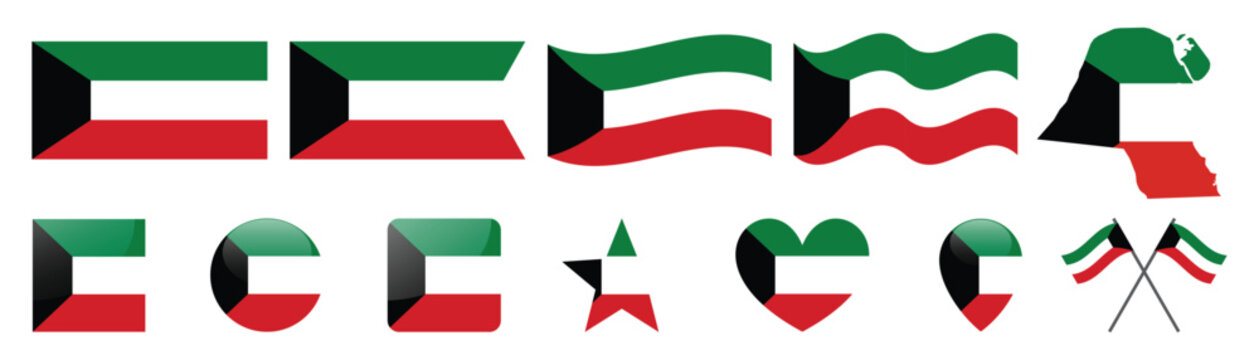 Kuwait national flag set with various shapes and map icon.