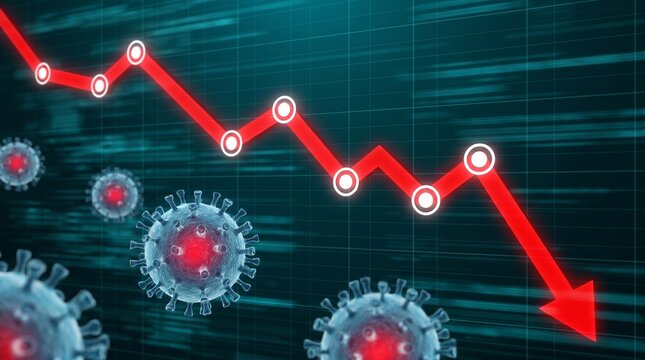 Conceptual Business Graphic Of Downward Red Trend Line Graph With Virus Cells