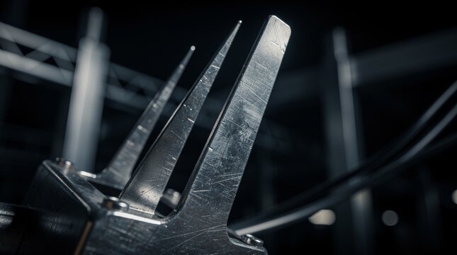 Close-up macro view of a metallic fork tines in a kitchen setting