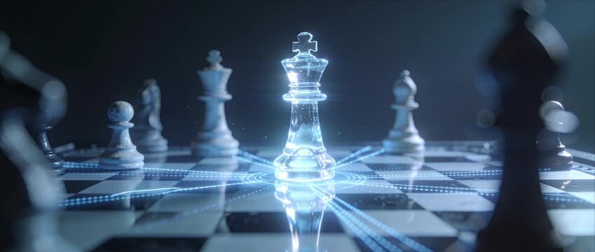 Futuristic chessboard digital network with glowing king strategy and technology, cyber concept blue light with data connection reflective surface showing leadership, innovation, intelligence