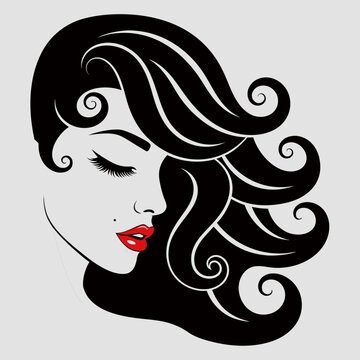 Elegant Woman Portrait Vector Illustration with Red Lips and Wavy Hair, a0