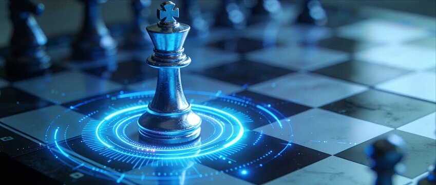 Futuristic chess digital strategy technology glowing king piece cyber blue light board game leadership innovation metallic chess strategy digital hologram target competition artificial virtual