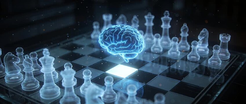 Artificial intelligence digital brain glowing hologram transparent chess piece glass chessboard strategy concept futuristic technology innovation data visualization blue light mental focus imagination