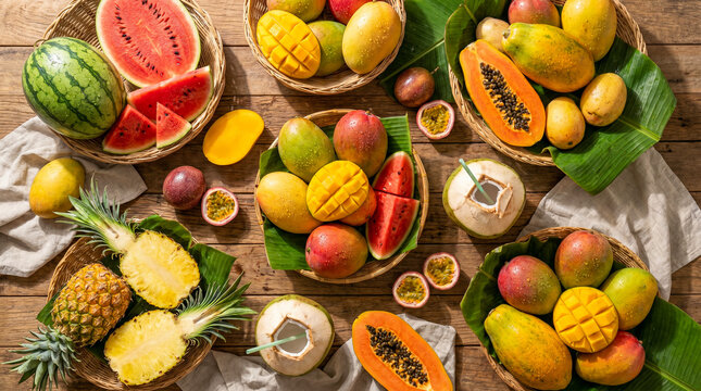 Flat lay a&eacute;reo de un mercado tropical de frutas en verano: mangos, papayas, pi&ntilde;as y cocos con gotas de agua sobre superficie de madera.
