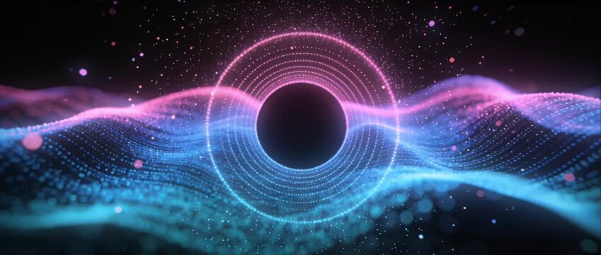 Abstract wave digital wave neon light particle vortex energy ring futuristic glowing motion background abstract digital wave neon light particle swirl glowing ring energy flow cosmic background